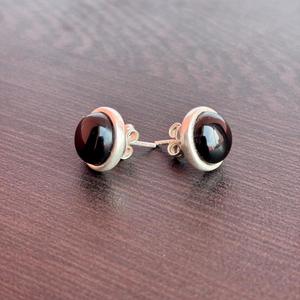 Handmade <b>Sterling</b> <b>Silver</b> <b>Stud</b> <b>Earrings</b> with Natural Black Onyx Gemstones Round Cabochon Design - Product Image 4