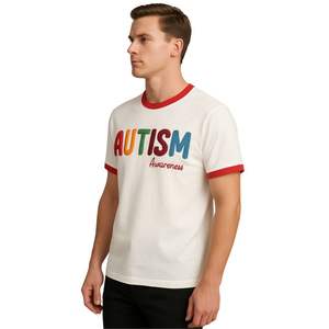 Autism Awareness Chenille Embroidery Ringer T-Shirt Colorful Patch Support Tee for Charity Fundraising & Adaptive Clothing - Product Image 5