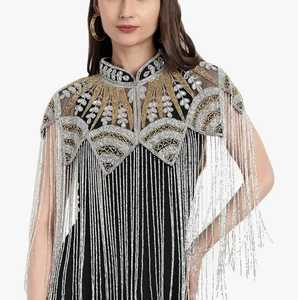 Robe de soirée burlesque festive, cape, perles, sequins, broderie, design asymétrique élégant, 100% polyester, mini col haut - Product Image 3