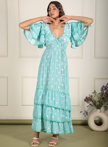 Collection chaude de soie Vibrant Beach Prints longue robe de créateur pour les femmes col plongeant, trois couches de soie imprimé femmes robe d'été - Product Image 2