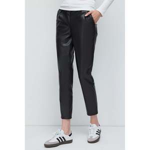 Pantalon décontracté taille haute effet cuir, coupe droite, style crayon, respirant, doux, avec décoration appliquée et technique froissée - Product Image 4