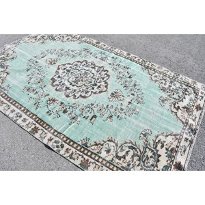 Tapis Turc Vintage 5.5 X 9.2ft Vert Beige Plat Tissage Laine avec Motif Patchwork pour Décorations de Salon ou Utilisation de Couloir - Product Image 4