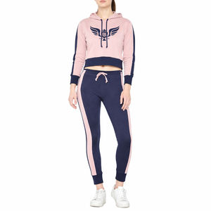 Custom <b>Womens</b> Cropped Hoodie Jogger Set Pink & Navy Two Piece Tracksuit Casual Sportswear Outfit - Product Image 1