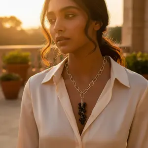 <b>Silver</b> Beaded <b>Pendant</b> <b>Necklace</b> for Women with Black Gemstone Rhodium Plated 14K Gold Emerald Zircon Moissanite Premium Jewelry - Product Image 1