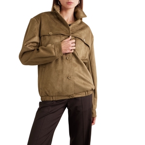Chaquetas de mujer, chaqueta Bomber de ante marrón oscuro para mujer, chaqueta de manga larga con botones en la parte delantera, prendas de vestir exteriores cómodas informales, elegantes y personalizadas - Product Image 1