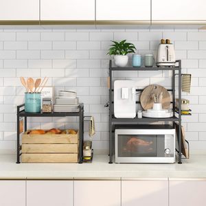 Giá để lò vi sóng bằng thép carbon có thể điều chỉnh, giá để đồ nhà bếp hai tầng, giá để gia vị, móc treo, kệ nhà bếp có thể mở rộng - Product Image 5