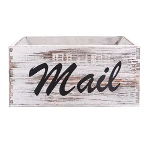 Whitewashed Mail Organizer Rustic Wood Mail Holder Storage Box Desk Organizer Decor (11.4 x 5.7 x 5.5 Inch)