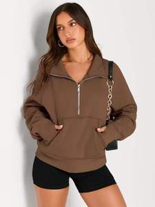 Top corto de estilo otoño para mujer con media cremallera en la parte delantera nuevo cuello alto con cremallera Sudadera con capucha corta Top de invierno estampado para damas - Product Image 3