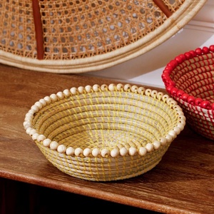 Cesta de pan ovalada de mimbre de junco marino plegable y sostenible, bandeja de almacenamiento artesanal tejida a mano con borde de cuentas, organizador para el hogar para sala de estar - Product Image 4