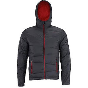 Chaqueta de Invierno Personalizada OEM para Hombre, Chaqueta Acolchada de Lona Bordada, Negra y Roja en Contraste, con Capucha, Deportiva, Técnica, Aislada, Impermeable y Reversible - Product Image 2