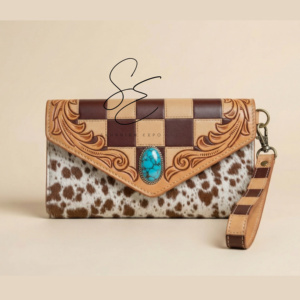 Trending Checkered Design Clutch with Detachable <b>Wristlet</b> Hair On Genuine Leather Wallet Handcrafted Embossed Leather Purse - Product Image 1