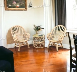 ชุดเก้าอี้ไม้ไผ่ทำด้วยมือสไตล์โมเดิร์นชุดเก้าอี้ไม้ออตโตมัน2ชิ้นสำหรับห้องนอนสำนักงานสวนวิลล่าหรือใช้ในสวน - Product Image 1