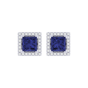 Pendientes de Botón con Tanzanita Corte Princesa y Circonita Cúbica, Chapados en Oro Blanco sobre Plata de Ley, 9.6mm de Ancho - Product Image 2