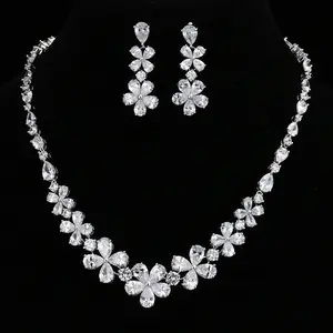 wholesale jewelry cz necklace earring cubic zirconia flower bridal accessories set wedding
