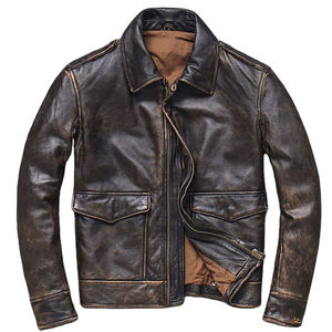 Blouson Aviateur Homme Vintage Marron en Cuir Véritable de Vache Vieilli Coupe Slim Décontractée Style Moto - Product Image 2