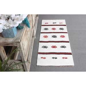 Tapis turc, petit tapis vintage 1,8x4,4 pieds, tapis en laine abstrait blanc et rouge - Product Image 3