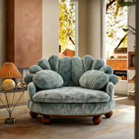 Fauteuil d'appoint créatif à pétales, revêtement en chenille, canapé, fauteuil rond, pieds en bois massif, siège de loisirs pour salon, chambre, bureau