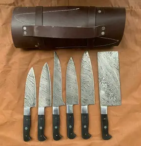 Pisau Utama Set Pisau Dapur Kualitas Tinggi Pisau Baja Damaskus, Gagang Sisik Micarta Hitam.