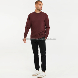 เสื้อสเวตเตอร์คอตตอน100% สำหรับผู้ชายเสื้อสเวตเตอร์คอกลมผ้าฟลีซใส่ได้ทั้งชายและหญิงไซส์ผ้าพันแขนเสื้อสีล้วนสำหรับฤดูหนาวเบอร์กันดี - Product Image 3