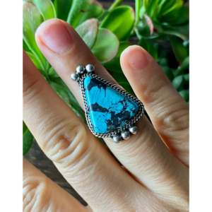 Navajo Handmade Triangle Cut Kingman Turquoise Sterling Silver <b>Statement</b> <b>Ring</b> Size 6.5 - Product Image 2