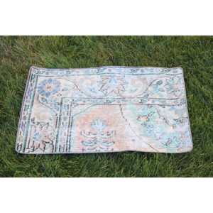 Alfombra Turca Vintage de Lana 1.7x3 pies, Ecológica, Azul con Diseño de Parches y Base de Látex - Product Image 4