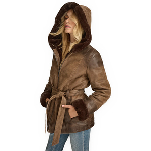 Abrigo de Invierno para Mujer, Estilo Vintage, Cuero Genuino, Forro de Piel de Zorro, Diseño Sólido 'Josie Bus Stop', con Capucha - Product Image 1