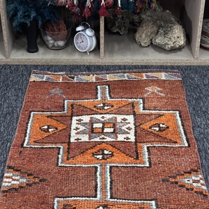 Tapis turc vintage écologique en laine patchwork orange de 2,4 x 10 pieds avec envers en latex - Product Image 4