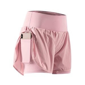 Shorts de yoga rose taille haute avec poches, séchage rapide, design asymétrique, couleur unie, élasthanne, polyester, taille élastique, pour femme, fitness - Product Image 1