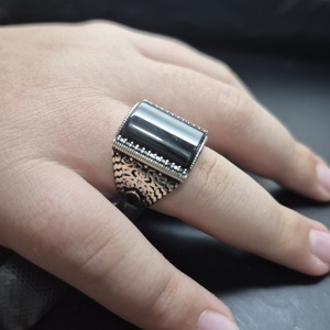 Vente flash, bague carrée originale en argent sterling 925 turc, onyx, pour hommes musulmans, bague légère, pierre noire, fabriquée en Turquie - Product Image 5