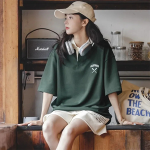 Maden Vintage revers collège à manches courtes polos pour femmes ample tricoté grande taille Golf Tee 2023 été décontracté coton T-shirt - Product Image 6