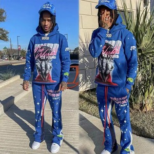 Chándal personalizado, chándal de lana gruesa, 100% de algodón, sudaderas con capucha de dos piezas y pantalones de chándal acampanados, conjunto de joggers apilados para hombre - Product Image 6