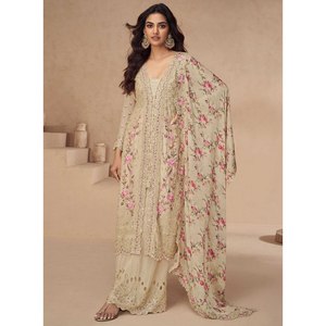 Ensemble Salwar Kameez Palazzo prêt-à-porter pour femmes, imprimé floral, broderie lourde, soie Airtex Chinon, coupe régulière, séchage rapide - Product Image 1