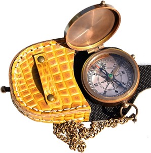 Vintage Brass Art Deco Pocket <b>Compass</b> with Movable Chain and Leather Case Metal Handicraft <b>Antique</b> Nautical Direction Finder - Product Image 1