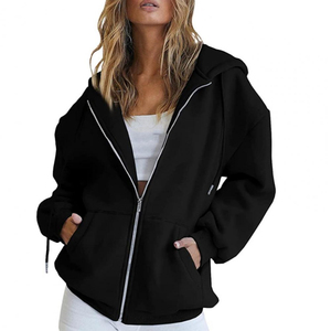 <b>Women</b> Oversized Hooded ZipUp <b>Sweatshirt</b> Solid <b>Black</b> Long Sleeve Casual Autumn Knitted Trackstar OEM Private Label - Product Image 1