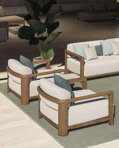 Juego de muebles de salón contemporáneo para exteriores, sofás de madera de teca, mesa de centro y otomanas para elegantes espacios de jardín o terraza - Product Image 3