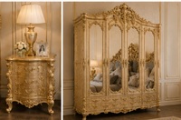 Lit royal classique très vendu, finition or antique, design opulent inspiré du rococo, bleu roi capitonné en bois de teck