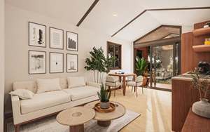 Maisonnette modulaire moderne avec un extérieur en lattes de bois, un porche avant couvert et un toit en pente. - Product Image 3