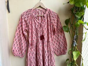 V Neck Block Printed Cotton Maxi <b>Dress</b> with <b>Long</b> Sleeves and Embroidered Floral Pattern Casual Indian Style <b>Long</b> <b>Gown</b> - Product Image 5