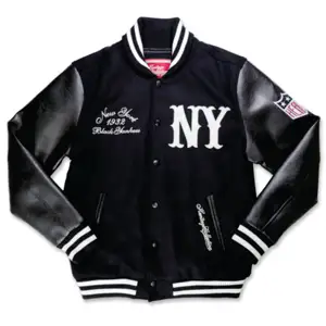 Nero 50% lana 50% poliestere corpo PU maniche in pelle New York giacca da Baseball in lana nera Yankees