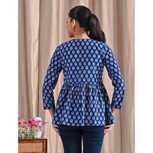 Top Peplum de Algodón Popelín Azul Jaipuri con Estampado de Bloques, Asimétrico, Bordado Floral y Rayas, Largo, Tallas XL XXL, para Otoño, Ropa Formal - Product Image 5