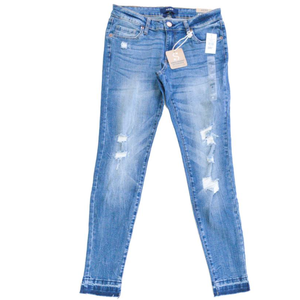 Women's Fashion 12Oz Cotton Elastane Five Pocket Denim Pant Casual Regular Fit Straight Style Mid Waist Distressed Light Wash - Product Image 1