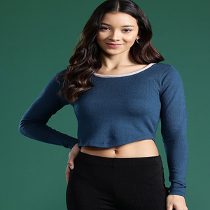 Women's Casual Winter Crop <b>Top</b> with R-Neck Full Sleeves Lace Button Ribbons Decorations Short Length Streetwear <b>Top</b> - Product Image 4