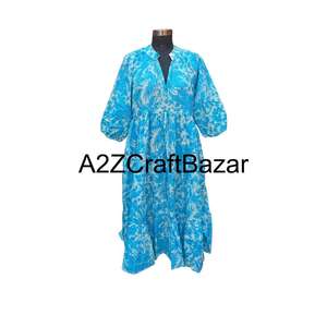 Robe mi-longue à manches longues et col en V, imprimé floral, 100% coton, écologique, coupe ample, bloc de couleur sur le devant, tissu respirant, pour les occasions spéciales - Product Image 1