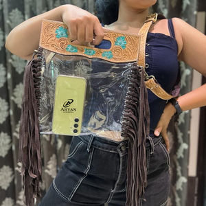 Nuevo estilo occidental hecho a mano con flecos de cuero transparente para estadio, bolsa única de cuero genuino con asa superior transparente para concierto - Product Image 3