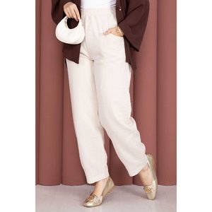 Pantalones Casuales Beige para Mujer con Cintura Elástica y Bolsillos, Pantalones de Muselina Transpirables con Técnica Arrugada - Product Image 2