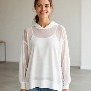 <b>Crop</b> Pullover Fishnet Mesh Hoodie <b>Crop</b> <b>Top</b> Shirts Casual Wear 100% Polyester Fishnet Ladies Hoodie Ladies - Product Image 3