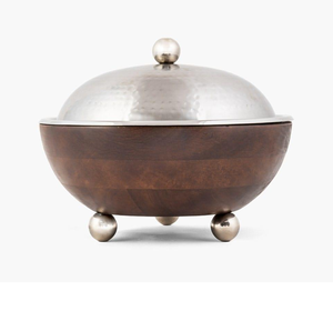 Wooden Hammered Steel <b>Serving</b> Casserole <b>Dish</b> <b>with</b> <b>Lid</b> Brass Knob Accent Elegant Serveware for Food Presentation - Product Image 3