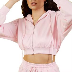 Custom Two Piece Distressed Woman Cotton Blank Zip up Cropped Sweatsuits Jogging Hoodie Tracksuits 2 Piece Shorts Set for Women - Product Image 5