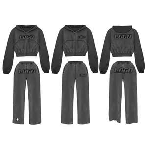 Femmes personnalisé grande taille haut court à capuche survêtement tenue décontracté deux pièces ensemble pour l'hiver - Product Image 1