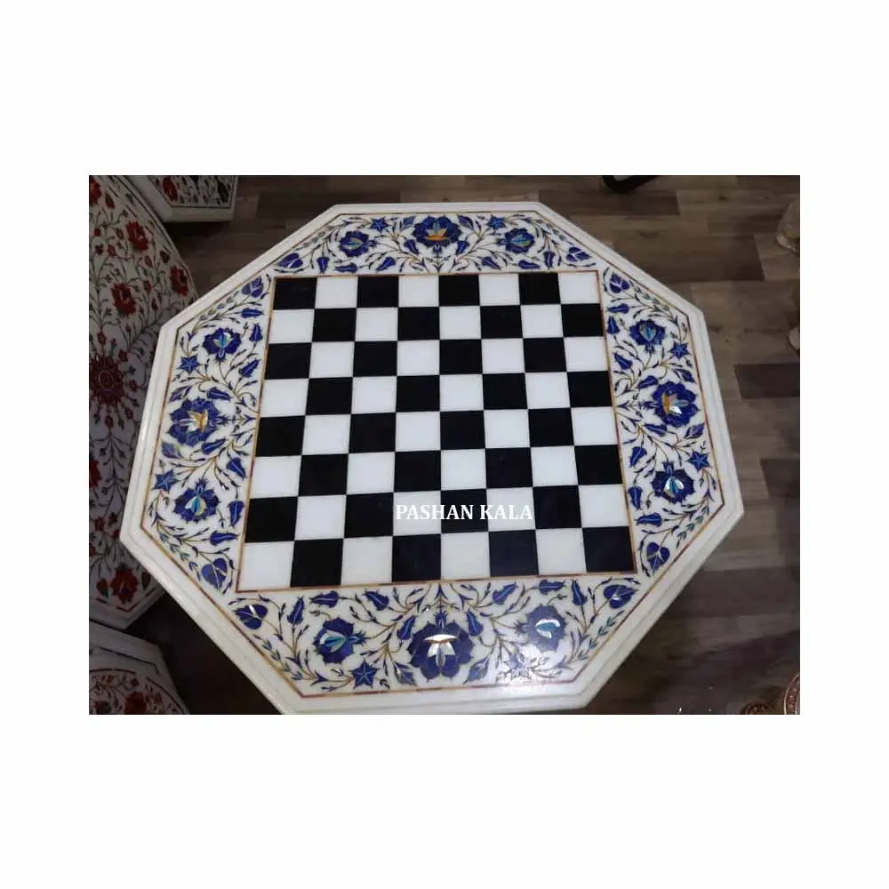Mesa de Ajedrez de alta calidad, forma octogonal pulida, incrustaciones de mármol blanco, mesa de ajedrez, mayorista indio con la mejor calidad